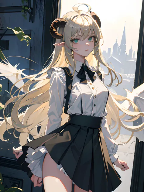 ((masterpiece, best quality)), (1girl), (solo), (female focus), (ahoge, ash blonde hair, long hair), green eyes, ((white shirt), (buttoned shirt)), ((black skirt), (short skirt)), standing, white background, arms behind back, bat wings on the waist, sheep ...