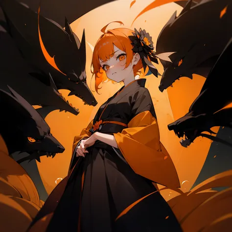 (Beautifully Aesthetic:1.2)、(1girl in:1.3)、(Black and orange colorful hair:1.2)、Orange and black kimono、Fantastical、wretched、Orange and yellow marigolds are blooming、natta、Sad face、