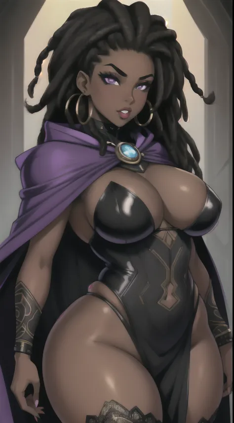 Portrait, Masterpiece, Excellent Quality, 1girl, solo, intricate details, color diffusion, close-up shot, African-American female, dark-skinned female, brown skin, slim but curvy body, long black dreadlocks, purple eyes, sexy combat attire, cape, cloak, ba...