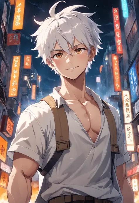 30-year-old young man Tall and strong, Broad shoulders, Strong arms, Strong and slightly fatty, Wearing a white shirt and khaki vest, adventurer clothing, Amiable, Smiling, whaite hair, Short hair, whaite hair, Silver hair, Asymmetrical hair, Short hair, M...