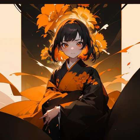 (Beautifully Aesthetic:1.2)、(1girl in:1.3)、(Black and orange colorful hair:1.2)、Orange and black kimono、Fantastical、wretched、Orange and yellow marigolds are blooming、natta、Sad face、