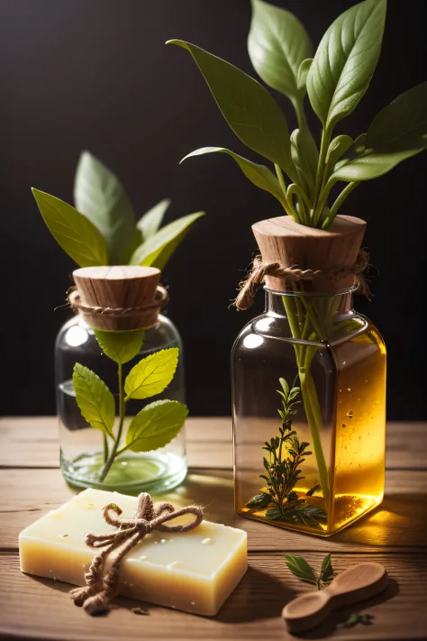 On the wooden table were several handmade soaps of different colors and some herbs in glass bottles, Some herbs, Super realistic herb branches, roots and leaves quaint and elegant