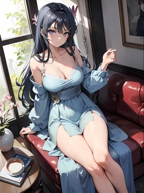 mai sakurajima, hair flower, blue dress, grey eyes, light blue hair,large breasts, sexy,nsfw,
, 1 girl,seductive smile,(1 girl i...