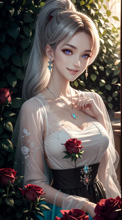 Garden covered with red roses in the background, Silver hair, front ponytail, eyes reflection, red contact lenses, Pink eyes, Fox earrings, Blue crystal pendant，Evil smile, High detail, romanticism lain, Depth of field, Sparkle, Ray tracing, viewfinder, zo...