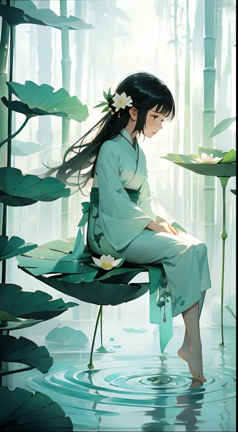 A pod full of lotus flowers, a little girl happily sitting on the lotus leaves of the pod, huge lotus leaves, barefoot, dressed in white and green hanfu, light and shadow, a masterpiece