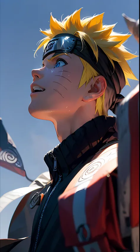 (Obra maestra, La mejor calidad), Naruto Uzumaki, 1boy with great ambition and a dream of becoming the Hokage of his village. He is looking to the sky with determination and hope., while behind him is the symbol of his clan and the face of his master Jirai...