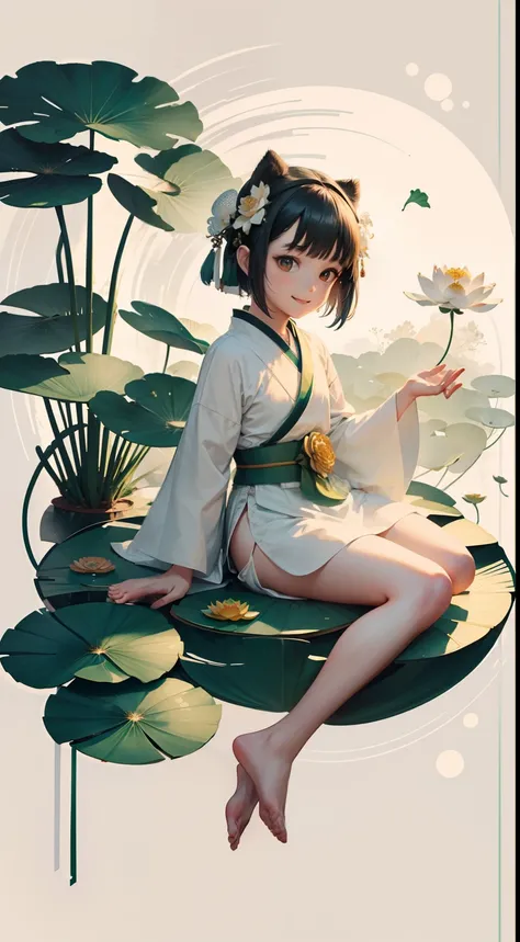 A pod full of lotus flowers, a little girl sitting on the lotus leaves of the pod, huge lotus leaves, smile,barefoot, dressed in white and green hanfu, light and shadow, a masterpiece