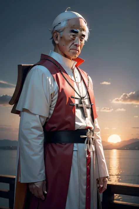 pope francisco in a samurai vest in a japanese sunset background