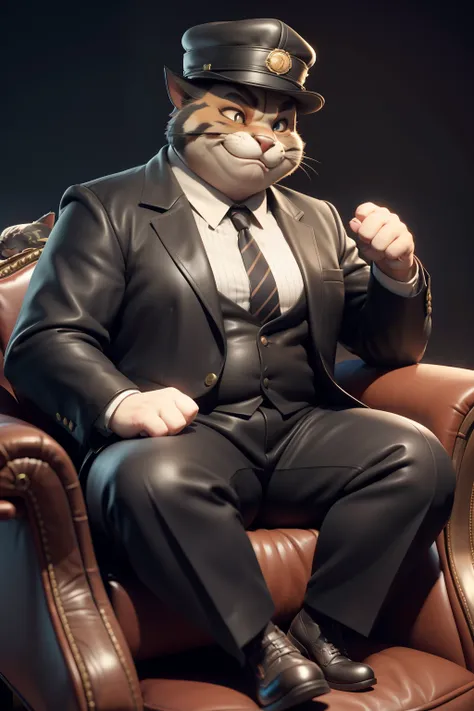 Old fat striped gangster cat Tom sitting on a leather chair, Smiling, Mafia, criminal, 3D-рендеринг vray, Pixar character