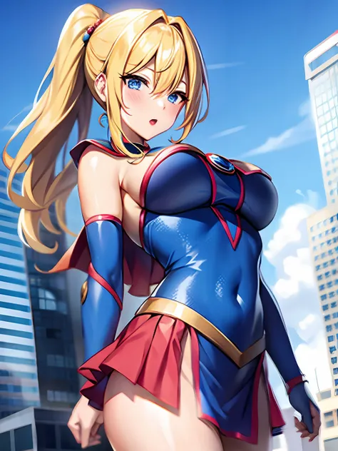 Japan busty beauty in Supergirl cosplay, side of skyscraper