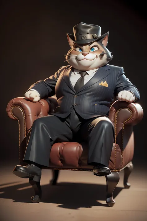 Old fat striped gangster cat Tom sitting on a leather chair, Smiling, Mafia, criminal, 3D-рендеринг vray, Pixar character