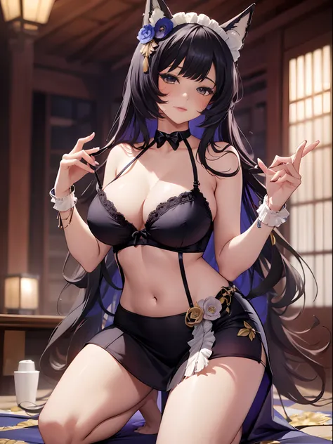 （Enrich the picture，Masterpiece level quality）Beautiful 8K CG artwork，Goddess-like posture，Kneeling exercise，Slim and soft，Translucent skin，Black hair、The beauty of extra-long hair, Super Long Straight Hair，The skin is fair and juicy，Big breasts lingerie m...