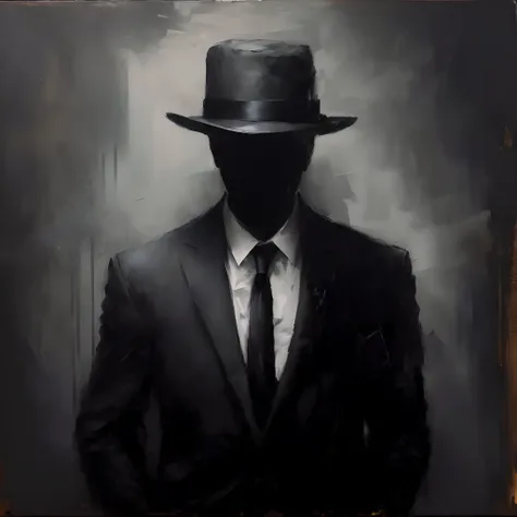 painting of a man in a suit and tie with a hat, mysterious man, a suited man in a hat, man in black, shadowy informant, noir detective and a fedora, dark hat, drawn in a neo - noir style, shadowy and eerie character, faceless people dark, mysterious portra...