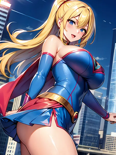 Japan busty beauty in Supergirl cosplay, side of skyscraper