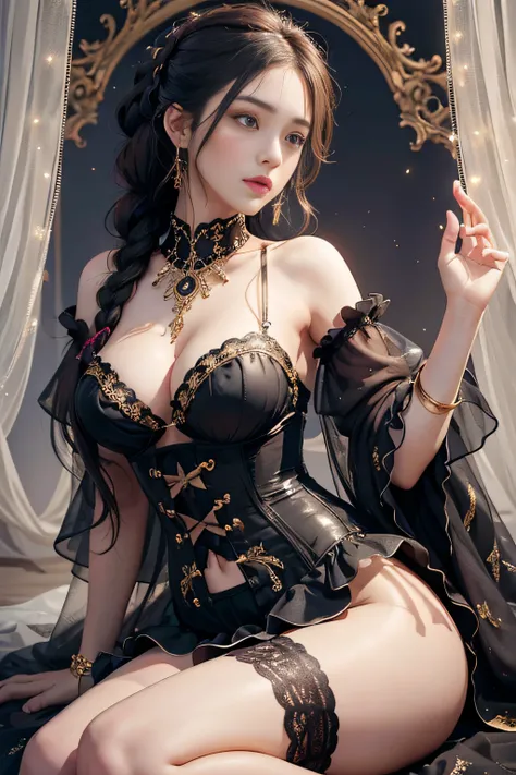 The art depicts an attractive woman dressed in a flowing silky traditional black long camisole, black, decorated with intricate patterns and bright colors. Her black corset dress drapes elegantly over her curvaceous figure, emphasizing her seductive silhou...