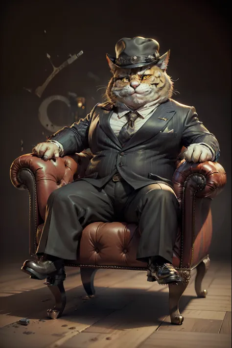 Old fat striped gangster cat Tom sitting on a leather chair, Smiling, Mafia, criminal, 3D-рендеринг vray, Pixar character