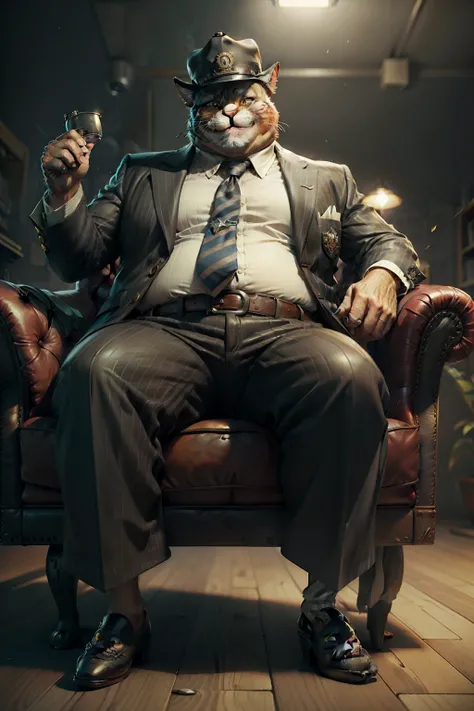 Old fat striped gangster cat Tom sitting on a leather chair, Smiling, Mafia, criminal, 3D-рендеринг vray, Pixar character