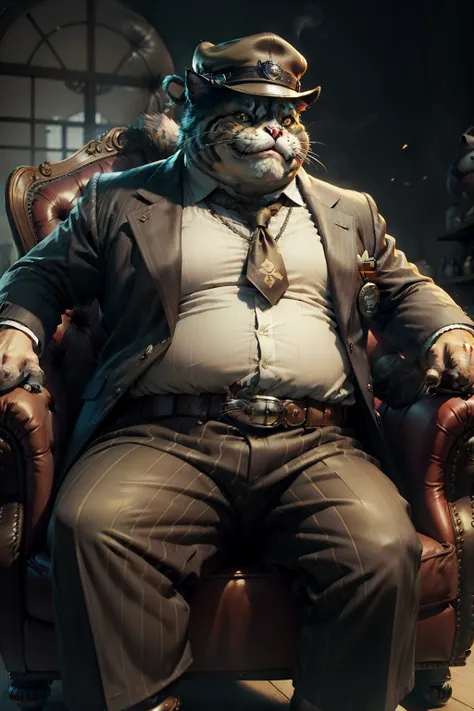 Old fat striped gangster cat Tom sitting on a leather chair, Smiling, Mafia, criminal, 3D-рендеринг vray, Pixar character