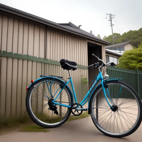 A bicycle leans against the fence of the house。There was a ball and a pair of socks in the bike basket，A pair of student shoes hangs from the handlebars of the bike