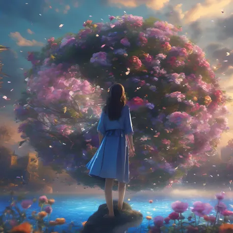 ccurate, best quality, masterpiece, UHD, high details, award winning, (Amazing:2.0), (Surrealism), Conceptual art, Verism, cinematic lighting, floating island in the sky, (((beautiful flower garden))), Horizon, blue sky, paradise scenery, flowers, wind flo...