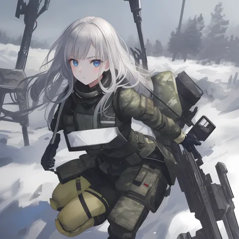 (Photorealistic), Beautiful lighting, Best quality, Realistic, Full body portrait, Real picture, Intricate details, Depth of field, 1girll, In a cold blizzard, A girl with a very muscular hairstyle, Wear a winter camouflage military uniform, Camouflage pla...