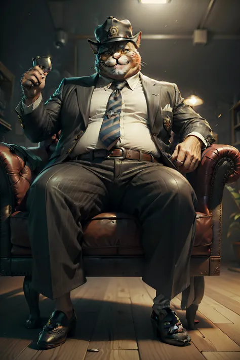 Old fat striped gangster cat Tom sitting on a leather chair, Smiling, Mafia, criminal, 3D-рендеринг vray, Pixar character