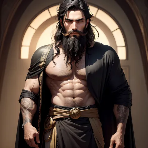 A sage with beards and black hair, olhos fixos, with serene face and epic outfit,