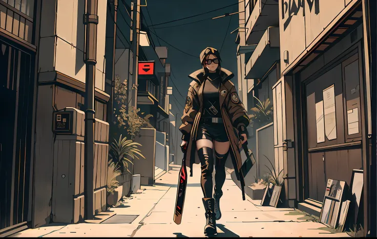 anime - style woman in a trench coat and boots walking down a street, nice face, perfect body, badass anime 8 k, modern cyberpunk anime, digital cyberpunk anime art, cyberpunk anime art, anime cyberpunk art, cyberpunk anime girl, female cyberpunk anime gir...