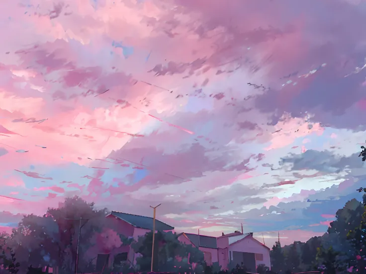 under a cloudy sky，There was a horse standing on the grass, pink and grey clouds, soft sky, the sky is pink, pink tinged heavenly clouds, light pink clouds, stunning skies, cotton candy cloud, Pink sky, pink storm clouds, Pink clouds, pink clouds in the sk...