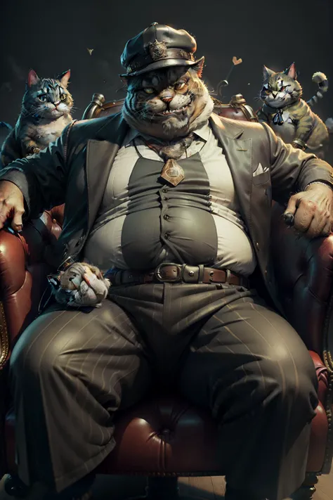 Old fat striped gangster cat Tom sitting on a leather chair, Smiling, Mafia, criminal, 3D-рендеринг vray, Pixar character