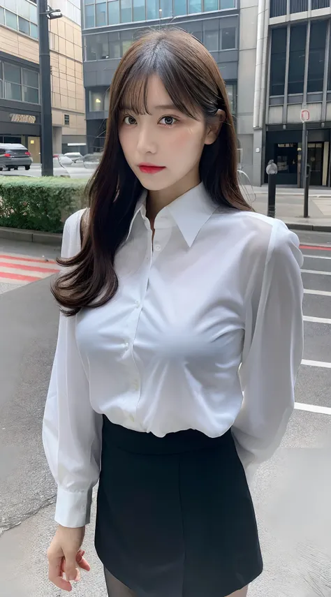 ((Best Quality, 8K, masutepiece :1.3)), Sharp Focus :1.2, A pretty woman with perfect figure :1.4, Slender Abs :1.2, ((Layered longhair, Big breasts :1.2)), (White button up long shirt :1.3), Office wear, White shirt, Mini Very Short Black Skirt (a sultry)...