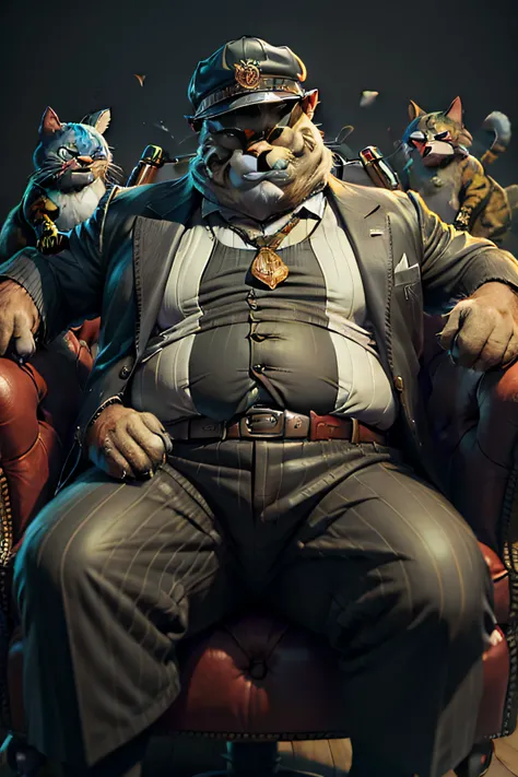 Old fat striped gangster cat Tom sitting on a leather chair, Smiling, Mafia, criminal, 3D-рендеринг vray, Pixar character