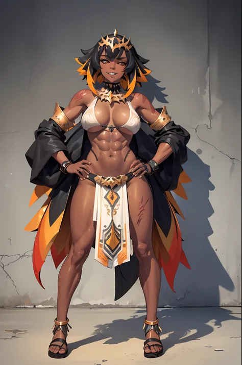 (Masterpiece, best quality:1.2), (highres, ultra-detailed), (absurdres, perfect anatomy), 1girl, solo, , anihh, slit pupils, dark-skinned female, black hair, orange colored inner hair, scar, fangs, hands on hips, outdoors, fingerless gloves, muscular, (cov...