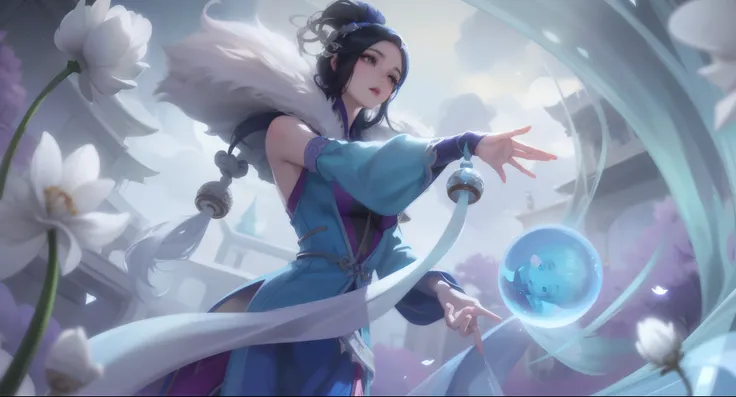 a woman in a blue dress holding a crystal ball in her hand, Irelia, Artgerm Plano, Maya Ali como um Mago do Vento, Yang Qi, yun ling, Li Zixin, Ruan Jia e Artgerm, Artgerm e Ruan Jia, inspirado em Ju Lian, a sorceress casting a ice ball, ultra detalhista, ...