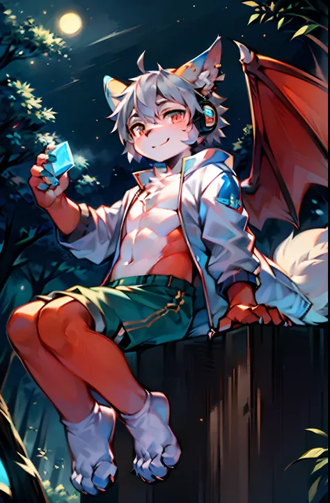 lewd eyes, in a panoramic view，Character focus，Full body like，独奏,solo person， Correct human anatomy。male people，Furry male wolf（Dragon and wolf combined），eyes blue，red colored skin，A pair of dragon wings, Gray hair(The long），Wear white ear headphones，There...