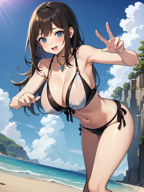 Draw a beautiful 16-year-old girl spending time on the beach。She is a high school student and short in stature、Has long brown hair and blue vivid eyes。Also she is elegant and、has a natural body shape。Her breasts were sized to match her slender figure。Shows...