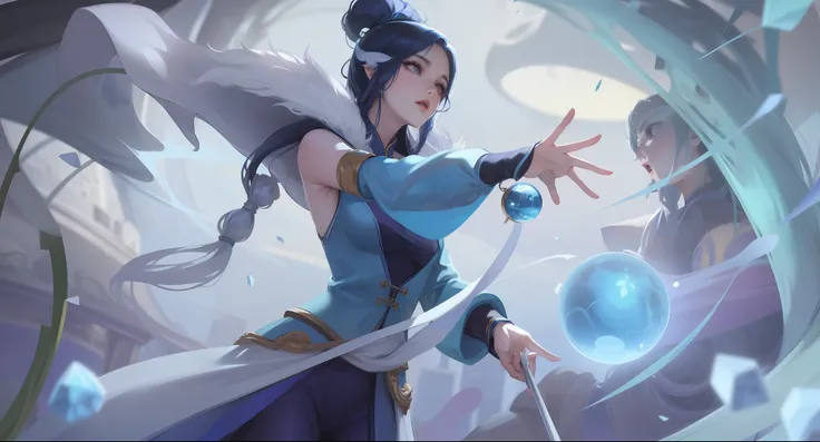 a woman in a blue dress holding a crystal ball in her hand, Irelia, Artgerm Plano, Maya Ali como um Mago do Vento, Yang Qi, yun ling, Li Zixin, Ruan Jia e Artgerm, Artgerm e Ruan Jia, inspirado em Ju Lian, a sorceress casting a ice ball, ultra detalhista, ...