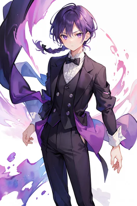 (high-quality, breathtaking),(expressive eyes, perfect face), 1boy, male, solo, short, young boy, purple hair with braid, purple eyes, black european butler suit, pants, ( watercolor (medium), thighs up, white background