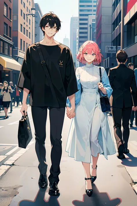 masterpiece, best quality, 2others, couple, 1man with 1woman, mature, adult, Height difference, different fashion, different color, finely detailed eyes and detailed face, intricate details, casual clothes, oversized shirt, modern urban street, holding han...