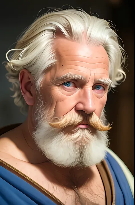 dark theme, ultra resolution, hyper realistic, hdr, absyrdres, cinematic shot, vignette, centered, short DOF,

a closeup portrait of an old man, Scandinavian, looking at camera,
blue old eyes,
short white hair, one braided hair curl, white VIKING BEARD,
mi...