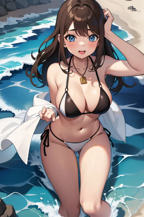 Draw a beautiful 16-year-old girl spending time on the beach。She is a high school student and short in stature、Has long brown hair and blue vivid eyes。Also she is elegant and、has a natural body shape。Her breasts were sized to match her slender figure。Shows...