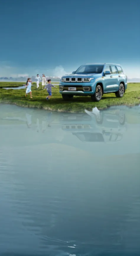 View of Alafid of a blue SUV parked on the grass, 4 ), 6k, jeep, environmental shot, 2019, 2 0 1 9, detalhe poderoso, eye - level view, vehicle photography, dynamic shot, 9K, 9 k, 4l, hyper wide view, deep image, advertising photograph, wide portrait, vibr...