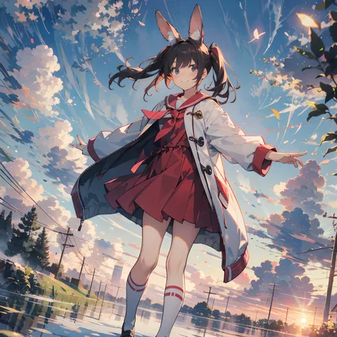 Clouds float in the sky，The setting sun dyed the wings red，The girl smiled happily，Pink pigtails flutter，Wearing a pink sailor suit，White socks，White loose coat，The dynamic texture of the hair is blurred, Like a movie shooting。Its a masterpiece，High-qualit...