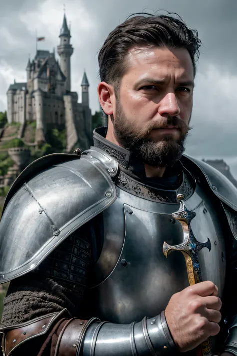 photorealistic, top quality, masterpiece, cinematic composition, slow motion, (medium shot of a medieval knight, sombre and weathered face, beard, grey hair:1.2), chain mail and plate armour, (realistic and detailed|intricate armour:1.1), (visible face:1.3...