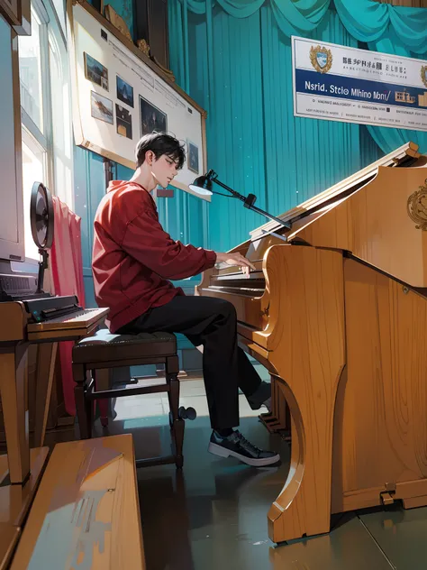 Masterpiece, high quality, best quality, HD, realistic, perfect lighting, detailed body, 1 man, short black hair, white t-shirt, serious expression, sitting in front of the piano, playing the piano, wearing headphones, facing the computer monitor, in the r...