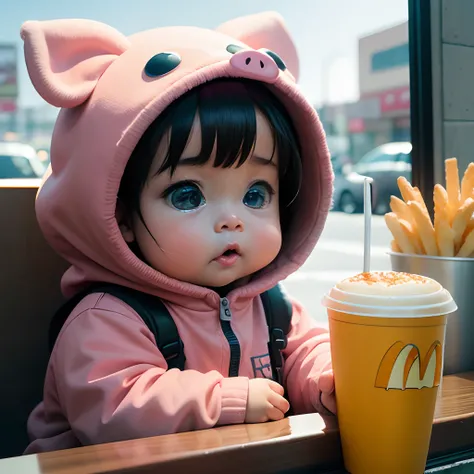 4K HD quality，exaggerating scene details，A cute chubby little baby，Double bun and bangs，largeeyes，Wear a pig hood，Very happy，at mcdonalds