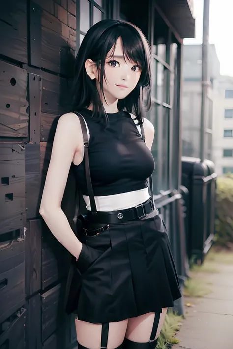 a black skirt, , Tank tops　suspenders, Long Black Hair, Gray eyes, holster, Garter belt on the legs, , Moderate breasts and tight clothes, both sides　　Behind　no-bra