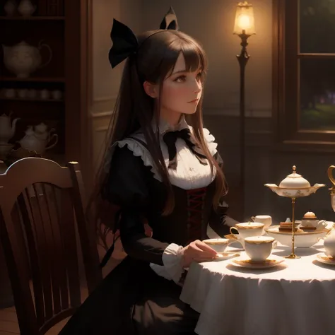 black Alice at a tea party by Thomas Kinkade, Alice in Wonderland, trending on Artstation