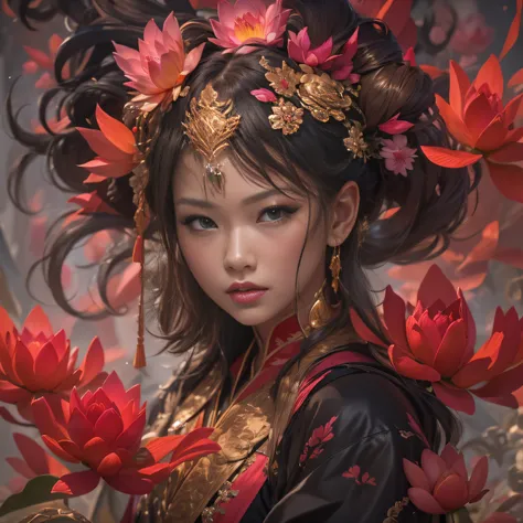 32K（tmasterpiece，k hd，hyper HD，32K）Large curls，Flowing rouge，ponds，zydink， a color，  Asian people （Silly girl）， （Silk scarf）， Combat posture， looking at the ground， Large rolls of rouge， Flowing rouge curls，Red onyx emerald emerald headdress， Chinese long-...