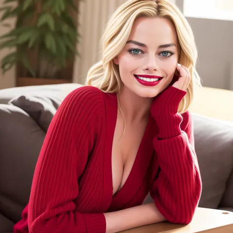 Margot robbie, smiling, beannie, red lipstick, cozy clothes, beautiful tits, looking at viewer